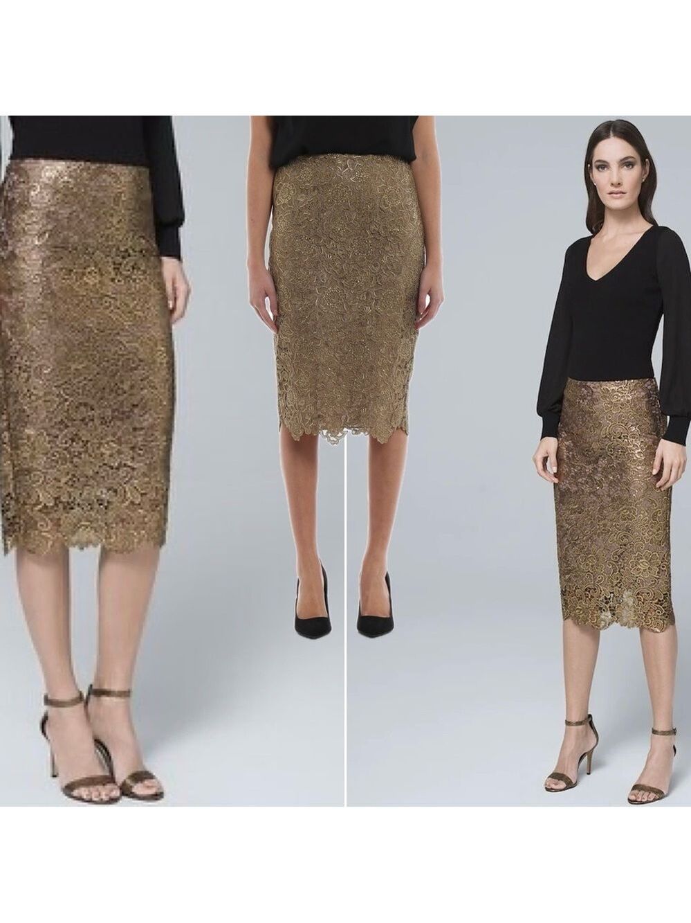 White House black market WHBM metallic gold lace pencil skirt Sz 4 NWOT